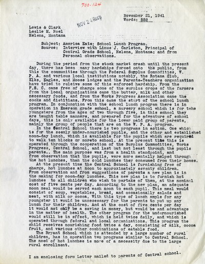 America Eats - Lewis and Clark County - Leslie M. Noel - School lunch program