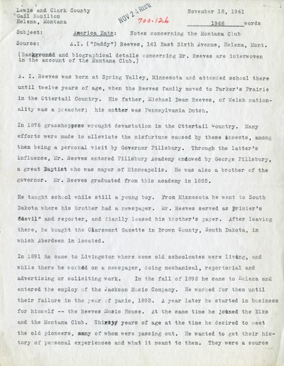 America Eats - Lewis and Clark County - Gail Hamilton - Notes concerning the Montana Club