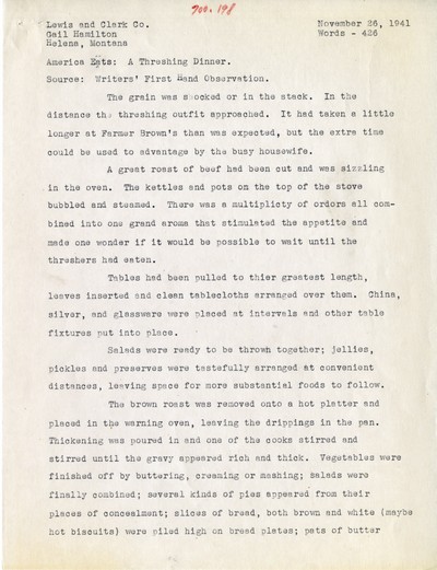America Eats - Lewis and Clark County - Gail Hamilton - A Threshing Dinner - Typed