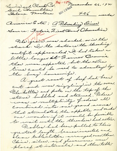America Eats - Lewis and Clark County - Gail Hamilton - A Threshing Dinner - Handwritten