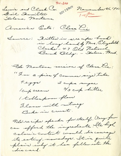 America Eats - Lewis and Clark County - Gail Hamilton - Chess Pie - Handwritten
