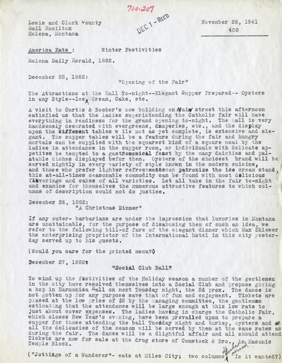 America Eats - Lewis and Clark County - Gail Hamilton - Winter Festivities