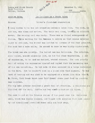 America Eats - Lewis and Clark County - Gail Hamilton - An Incident on a Stock Ranch