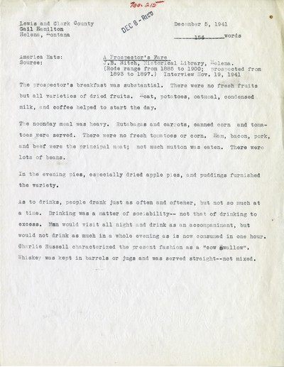 America Eats - Lewis and Clark County - Gail Hamilton - A Prospector