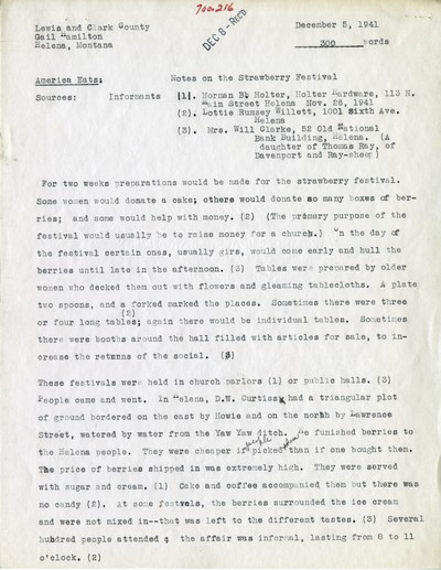 America Eats - Lewis and Clark County - Gail Hamilton - Notes on Strawberry Festival