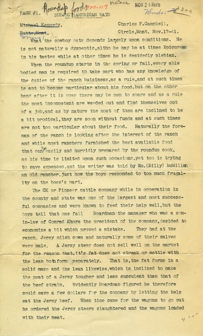 America Eats - McCone County - Charles F. Campbell - What the cowboy eats