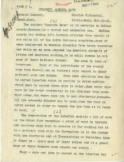 America Eats - McCone County - Charles F. Campbell - McCone County Norwegians