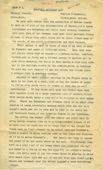America Eats - McCone County - Charles F. Campbell - McCone County Bohemians