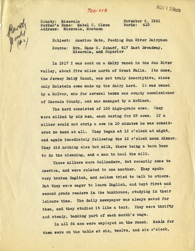 America Eats - Missoula County - Mabel C. Olson - Feeding Sun River Dairymen