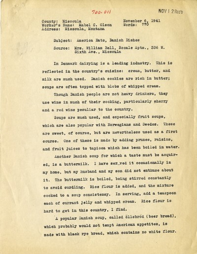 America Eats - Missoula County - Mabel C. Olson - Danish Dishes