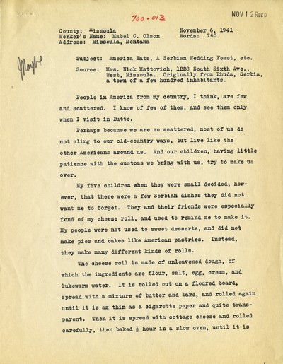 America Eats - Missoula County - Mabel C. Olson - A Serbian Wedding Feast, etc.