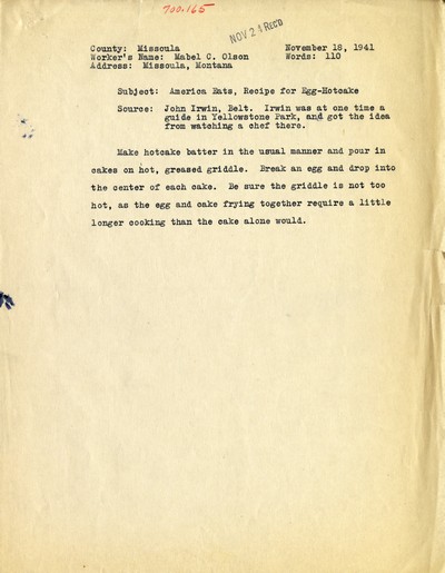 America Eats - Missoula County - Mabel C. Olson - Recipe for Egg-Hotcake