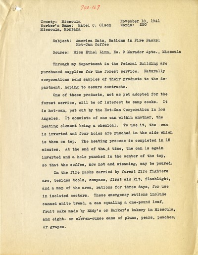 America Eats - Missoula County - Mabel C. Olson - Rations in Fire Packs; Hot-Can Coffee