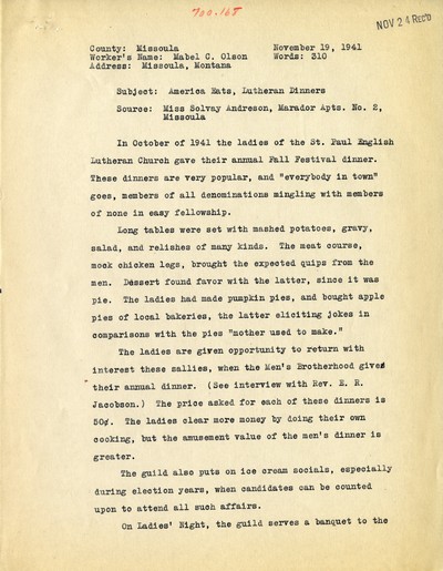 America Eats - Missoula County - Mabel C. Olson - Lutheran Dinners