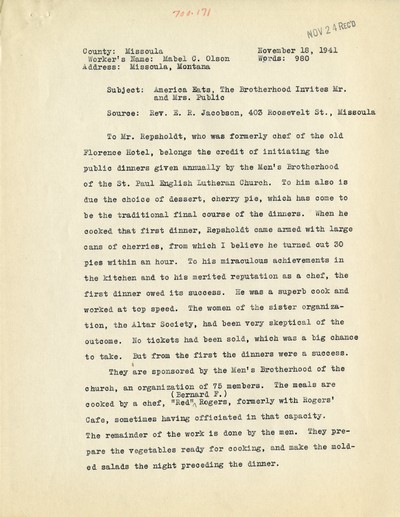 America Eats - Missoula County - Mabel C. Olson - The Brotherhood Invites Mr. and Mrs. Public