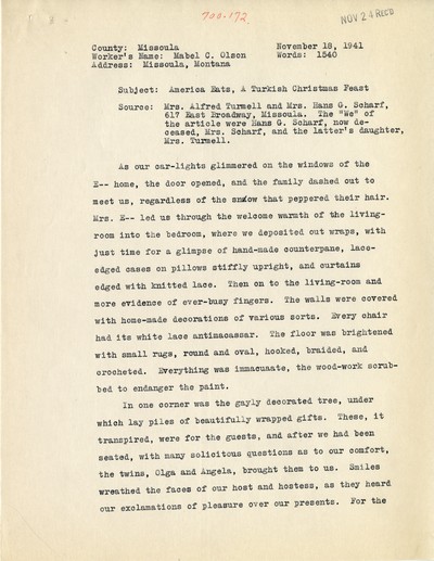 America Eats - Missoula County - Mabel C. Olson - A Turkish Christmas Feast