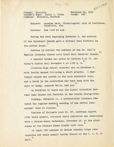 America Eats - Missoula County - Mabel C. Olson - Chronological List of Festivals, Carnivals, etc.