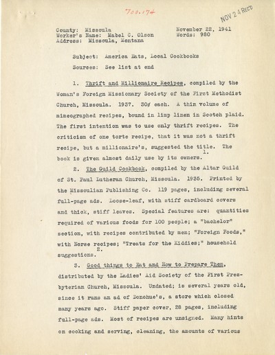 America Eats - Missoula County - Mabel C. Olson - Local Cookbooks