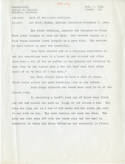 America Eats - Musselshell County - Evelyn M. Rhoden - Eats of the early settlers - Typed