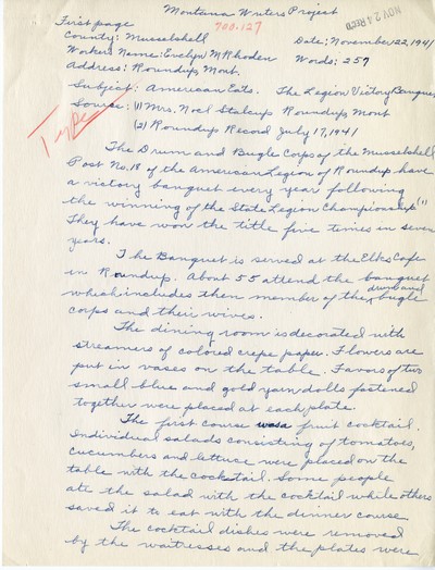 America Eats - Musselshell County - Evelyn M. Rhoden - The Legion Victory Banquet - Handwritten