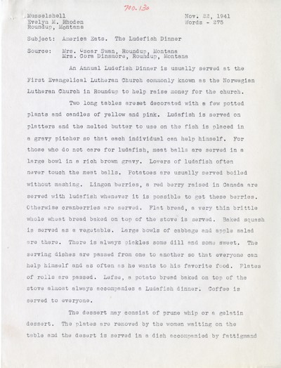 America Eats - Musselshell County - Evelyn M. Rhoden - The Ludefish Dinner - Typed