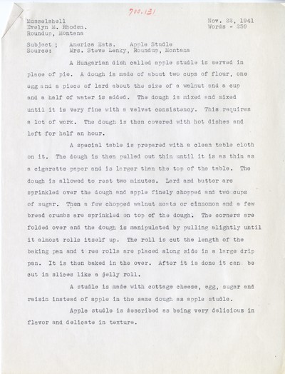 America Eats - Musselshell County - Evelyn M. Rhoden - Apple Studle - Typed