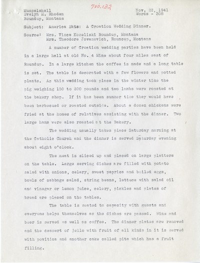 America Eats - Musselshell County - Evelyn M. Rhoden - A Croation Wedding Dinner - Typed