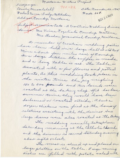 America Eats - Musselshell County - Evelyn M. Rhoden - A Croation Wedding Dinner - Handwritten