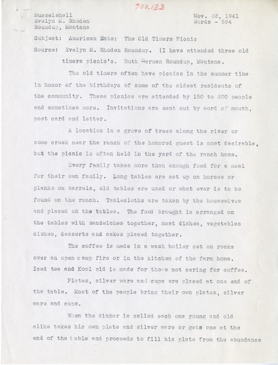 America Eats - Musselshell County - Evelyn M. Rhoden - The Old Timers Picnic - Typed