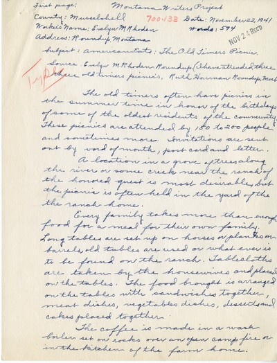 America Eats - Musselshell County - Evelyn M. Rhoden - The Old Timers Picnic - Handwritten