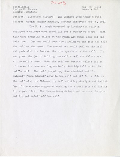 America Eats - Musselshell County - Evelyn M. Rhoden - Livestock History: The Chinese Cook takes a ride