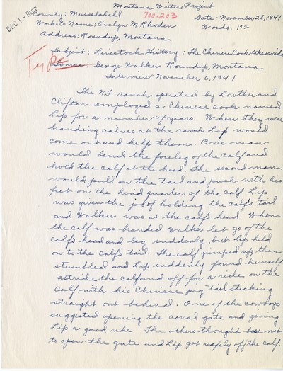 America Eats - Musselshell County - Evelyn M. Rhoden - Livestock History: The Chinese Cook takes a ride