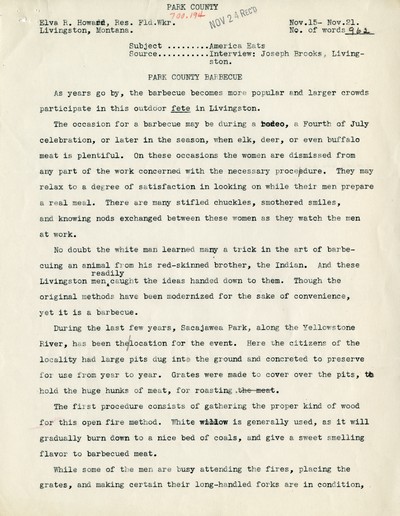 America Eats - Park County - Elva R. Howard - Park County Barbecue