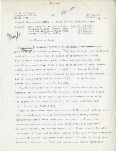 America Eats - Phillips County - Gladys W. Miller - Meals for the Threshing Crew