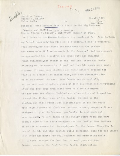 America Eats - Phillips County - Gladys W. Miller - A Visit to the Big Ranches