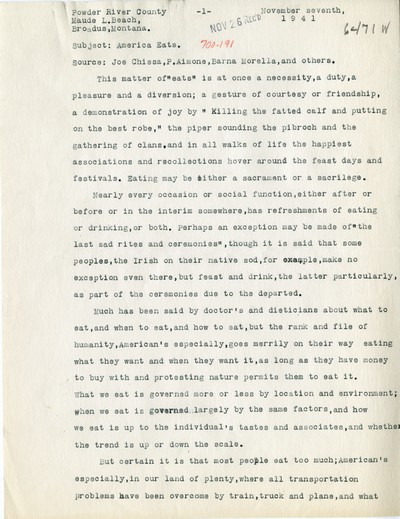 America Eats - Powder River County - Maude L. Beach - "Feast Days and Festivals"