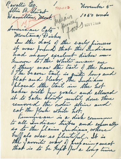 America Eats - Ravalli County - Allis B. Stuart - Montana Dishes - Handwritten
