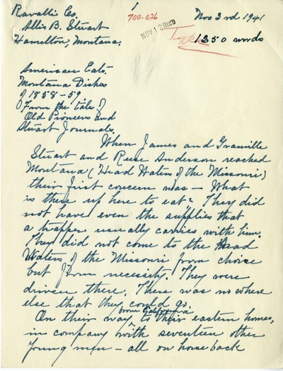 America Eats - Ravalli County - Allis B. Stuart - Montana Dishes of 1858-59 - Handwritten