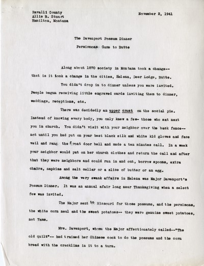America Eats - Ravalli County - Allis B. Stuart - Davenport Possum Dinner - Typed