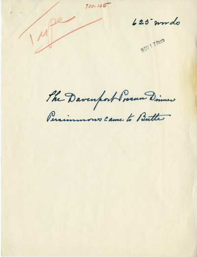 America Eats - Ravalli County - Allis B. Stuart - Davenport Possum Dinner - Handwritten
