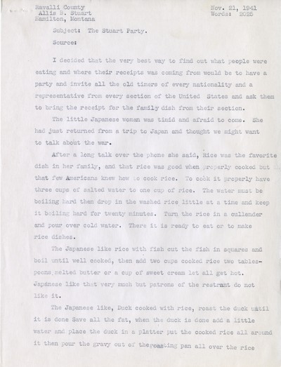 America Eats - Ravalli County - Allis B. Stuart - The Stuart Party - Typed