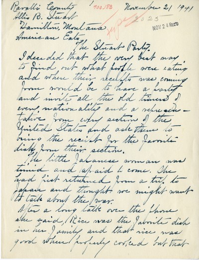 America Eats - Ravalli County - Allis B. Stuart - The Stuart Party - Handwritten
