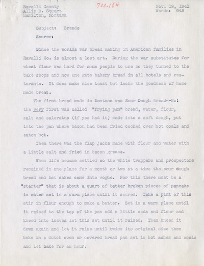 America Eats - Ravalli County - Allis B. Stuart - Breads - Typed