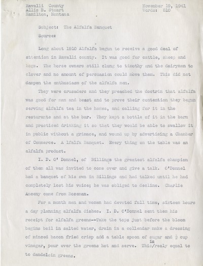 America Eats - Ravalli County - Allis B. Stuart - The Alfalfa Banquet - Typed