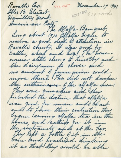 America Eats - Ravalli County - Allis B. Stuart - The Alfalfa Banquet - Handwritten