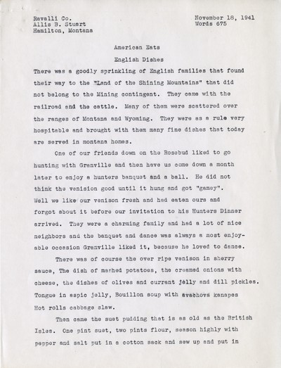 America Eats - Ravalli County - Allis B. Stuart - English Dishes - Typed