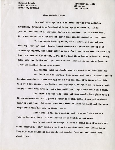 America Eats - Ravalli County - Allis B. Stuart - Scotch Dishes - Typed