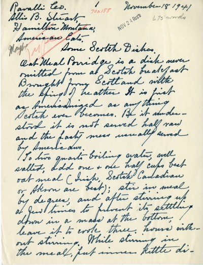 America Eats - Ravalli County - Allis B. Stuart - Scotch Dishes - Handwritten