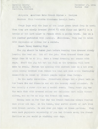 America Eats - Ravalli County - Allis B. Stuart - French Dishes - Typed