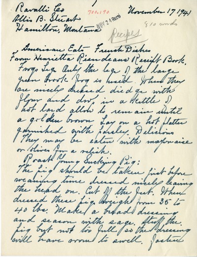 America Eats - Ravalli County - Allis B. Stuart - French Dishes - Handwritten